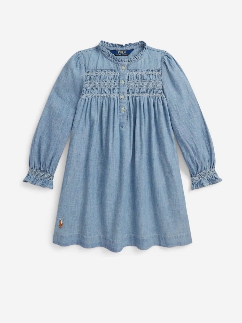Ralph Lauren Light Blue Chambray Smocked Long-Sleeve Dress